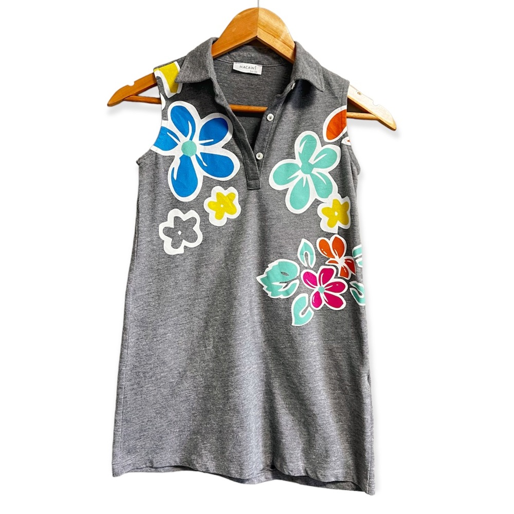 Macawi Polo Sleeveless Ribbed Hawaiian Floral Print Dress Grey Size 8